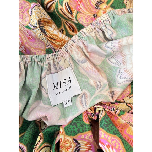 Misa Dress Green Kate Mini Ruched Puffed Floral Pintuck Tie Back A Line Boho XS - Picture 5 of 13